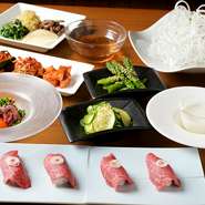 肉の厚みや大きさ、焼き加減と、食べ方ひとつにも一番おいしい状態にできるよう繊細な工夫があります。接待に嬉しいコースも7500円、9500円と用意されていて、料理内容などは相談が可能。（画像は単品料理）
