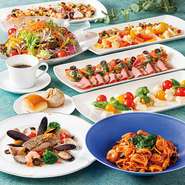 【メニュー内容】
◆選べるメインディッシュ（1品）
・ピザ
・パスタ
・魚／肉料理
　＋
◆ハーフブッフェ（食べ放題）
・サラダ
・アンティパスト
・スープ
・コーヒー／紅茶
　＋
◆プチデザート