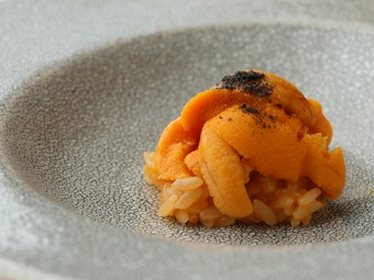 旨さにとろける！自家製イカ墨塩を合わせた『ウニの寿司』