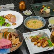 メインとなる北海道産黒毛和牛は、フィレとロースの2つから選べます。新鮮な魚介は活鮑・オマール海老など贅沢な素材を組み合わせ。北海道の味覚を満喫できるスペシャルプランです。