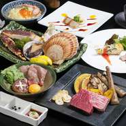 ・季節の前菜
・道産黒毛和牛ロースすき焼き
・季節の野菜4種
・海鮮3種（ホタテ 活蝦夷アワビ タラバ蟹）
・道産黒毛和牛100gフィレ＆ロース各50g
・蟹の焼き飯 味噌汁付
・デザート2種
・コーヒー又は紅茶
