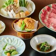 職人が腕を振るう日本料理としゃぶしゃぶをセットで楽しむ贅沢。一口ごとに、目でも舌でも料理を味わえる幸福感に包まれます。前菜から〆のデザートまで、じっくりと堪能。