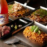 お好み焼きや鉄板焼きとお酒は相性抜群。飲み放題付きのコース料理もあり、各種宴会にもオススメ。同僚たちとの集いや、歓送迎会・忘年会・新年会といった季節行事での利用も多いとか。