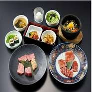 前菜二品・サラダ・ナムルキンパ・特選ヒレシャトーブリアン・厚切上撰タン塩焼・薄切上撰タン塩焼・上ミノ華網カット塩焼・特選リブロース・特選サーロイン・カルピ華網カット・特選ハラミ・ご飯物・デザート