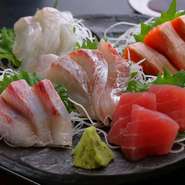 季節の鮮魚を盛り合わせた『本日の産直鮮魚　お造り5点盛り』。料理人の出身地である山口県唐戸市場から直送された、鮮度抜群の魚ばかりです。少し甘めの特徴ある刺身醤油で召しあがれ。