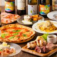 ・選べるメニュー「ピザ」or「パスタ」はご予約時にご指定ください。
・＋1100円（税込）でバースデープレートもご用意ができます。（要予約）
・仕入れ状況によって一部変更の場合があります。
・飲み放題はグラス交換制にてお願いいたします。（終了30分前L.O.）