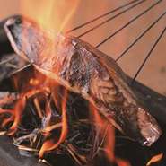 豪快酒場晴の目玉はなんといっても藁を使って豪快に焼きあげる鰹。立ち上がる炎を目の当たりにして「豪快酒場」の名がついていることを身をもって知ることができます。塩、タレ、盛り合わせをご用意しております。