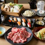神戸牛のすき焼きを中心に、野菜、天ぷら、寿司も食べ放題で楽しめる贅沢なコースです。高級食材である松阪牛を心ゆくまで味わえ、幸せなひとときを過ごせます。