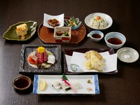 先付3種/あなごのたたきポン酢/あまき/中箱(出汁付き)/お刺身/あなごの白焼き/天ぷら/デザート