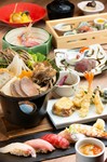 旬のお魚、旬のお野菜を職人の技でお造り、お寿司、天ぷら、逸品と素材の味を引き出し調理いたします。