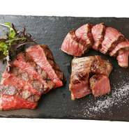 鮮度抜群の赤身・中トロ・大トロの和牛を、豪快に目の前で炙り焼きにして食べ比べ。さらに、人気のタンのローストビーフ・自家製和牛ジャーキー・黒毛和牛生ハムがセットになった逸品です。※写真はイメージです。