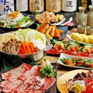 旬魚の刺身、創作逸品、ジューシーなお肉や鍋も揃うコースを多数ご用意。どのコースでも自慢の新鮮魚介をお楽しみいただけます。日本酒好きを「おっ」と思わせたい場面には「日本酒バルコース」がおすすめ。

