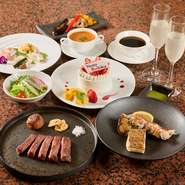 記念日向けのコース料理も用意。ドン・ぺリニョンを始めとした特別なドリンクや、誕生日や記念日で利用のゲストに向けて、デザートにメッセージプレートを付けての提供も可能です。特別な日には、ぜひ事前に相談を。