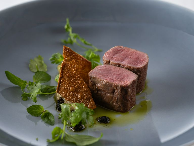 柔らかで臭みのない豊かな味わい『天城 天空の鹿 茄子のピューレとケールオイル』