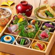 季節を味わい、技を楽しむ　心華やぐ吉備膳の新メニュー
美味しいものを少しずつ、目にも華やかに仕立てた御膳料理
瀬戸華+岡山県産なぎビーフ陶板焼　￥8,000
瀬戸華+天麩羅+岡山県産なぎビーフ陶板焼　￥9,000