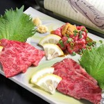 尾崎牛刺身・尾崎牛のうにユッケ・尾崎牛のたたきの豪華3種盛り