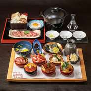 海鮮をふんだんに使用したおちょこ丼と国産和牛すき焼きセットに、料理長が厳選した日本酒3種をペアリングしたスペシャリテコースです。