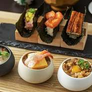 まぐろ・サーモン・白身・ずわいがに・いくら・あまえび・うにの海鮮をもりつけた贅沢な海鮮丼（ガリ、白だし、みそ汁付き）