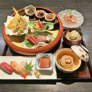 刺身、天ぷら、焼魚、握り寿司、麺など当店の魅力を凝縮した御膳メニューです。何にしようか迷われたら、ぜひこちらをおためし下さいませ。
