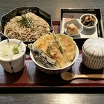 天ぷら（海老、野菜四点、白身魚）、茶碗蒸し、ミニ刺身、小鉢二種、ご飯、香の物、味噌汁