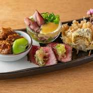 旬の魚介類と野菜をふんだんに使用した、季節感あふれる前菜。三～四品を盛り合わせた、素材の鮮度と調和した一皿で四季折々の味わいを堪能できます。