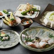 その時季に一番旨い「とらふぐ」を吟味。提供寸前まで生簀で泳がせることで、新鮮で上質な状態を保っています。だしは昆布と鰹節からとり、自家製ポン酢を用いるなど、ふぐを引き立てる食材も逸品揃いです。
