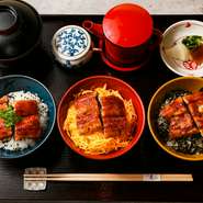 濃厚な旨みやすっきりした脂が特徴の「天空うなぎ」、鰻そのものの旨みが強い「土佐のいごっそう」、天然鰻の味を目指しシャコをふんだんに食べて育つ「筑紫金うなぎ」。いずれも【昊】オリジナルの鰻です。