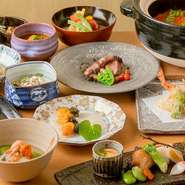 季節の食材を様々な調理法で楽しむことが出来る多肴旬菜料理にジューシーな牛肉のステーキ、さらに高級食材のあわびが楽しめるコース。季節を感じながら、特別なお料理をゆっくり一口づつ堪能できます。