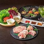 京都ぽーくのサムギョプサル京地鶏・京鴨をご一緒に！【セット内容】京都ぽーく厚切りバラ150g/京都ぽーく厚切りロース150g/丹波地鶏・今日京鴨盛合せ100g／京野菜の包み野菜サンパセット/野菜ジュース