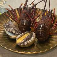 刺身でも食べられるくらい、魚介の鮮度を大切にしています。活きたままの伊勢海老や鮑を、ゲストの前で豪快に調理する贅沢なメニュー。プリプリした海老の身や、コリコリ食感の鮑を味わいましょう。