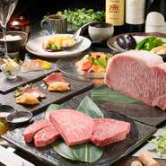 ・二種食べ比べローストビーフ
・季節のスープ
・サラダ
・ステーキ三種食べ比べ
ロース100g ヒレ100g 赤身肉100g（計二人で300g）
・季節野菜
・ガーリックライス※牛吸い物・漬物付
・デザート
・ドリンク