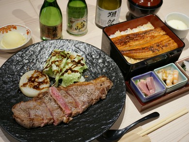 キタウシリサーロインステーキと月島太丸鰻の蒲焼のお得なコース料理ご用意いたしました。