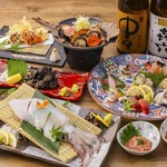 活き鯖と5種盛りから選べる刺身に加え主菜は博多もつ鍋からなる旬食材を使用した全8品のコースです。