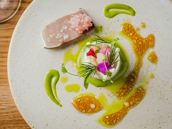 前菜「ヒラマサ、大根、コリアンダー、三杯酢、マグロ」