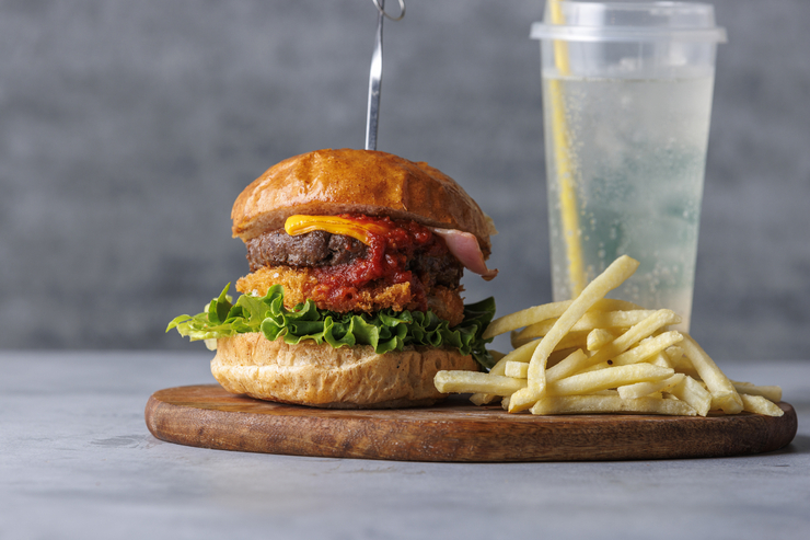 A hamburger featuring onions from Awaji Island