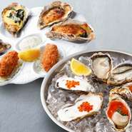生牡蠣 / レモンソースとイクラのオイスターカクテル / 魚介とトマトソースのオイスターカクテル / ガーリックバターと香草パン粉の焼き牡蠣 / オイスターロックフェラー / カキフライ
