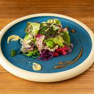 契約農家から仕入れた新鮮な野菜を使った、色とりどりのサラダ。野菜一つ一つに合わせた味付けが施されており、それぞれの異なる個性・食感を実感できます。