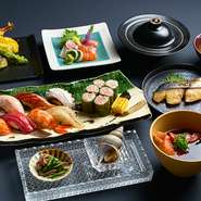 赤酢シャリで握る本格江戸前鮨や、多彩な一品料理を片手に、ワインや日本酒を心ゆくまでご堪能いただける飲み放題プランをご用意。グループ利用にも最適です。