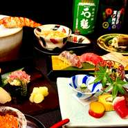 江戸前鮨や逸品にあうお酒を厳選して揃えております。日本酒はキレの良い辛口を中心にご用意。季節限定の銘柄もございますので、その日のオススメはぜひ店舗にてご確認ください。