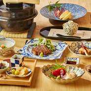 全8品／松の葉・前菜・お造り・焼物・強肴・雪室熟成和牛のサーロインステーキ・炊き立て土鍋ご飯、味噌汁、香の物・水菓子