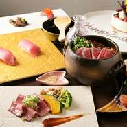 お肉の重箱料理や牛ひつまぶしを堪能できる【肉究亭　犇　平和店】。 岐阜の銘柄米「はつしも」が、肉の旨みをいっそう引き立てます。 静かに語らう大人の夫婦にふさわしい、上質なひとときを演出する一軒です。