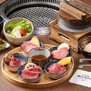 当店自慢のおかやま和牛肉5種を食べ比べでご賞味ください。おかやま和牛肉5種・釜炊きご飯・サラダ・スープ・小鉢 ※ごはんおかわり無料