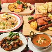 自家製窯焼き4種の肉盛りチーズフォンデュに2時間飲み放題付きコースや、串焼きタンドリーBBQコースに生ビールもOKの2時間飲み放題付きコースなど、さまざまなコースをご用意。