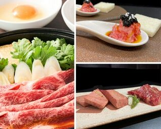 キャビアと和牛のお造り、厚切りタン、シャトーブリアン、炙りユッケ、トリュフすき焼き