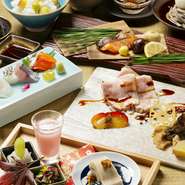 おまかせ懐石「白山」全10品。食前酒代りのフルーティーな甘酒から始まる、自家製料理と旬の食材が織りなす料理長こだわりのコースです